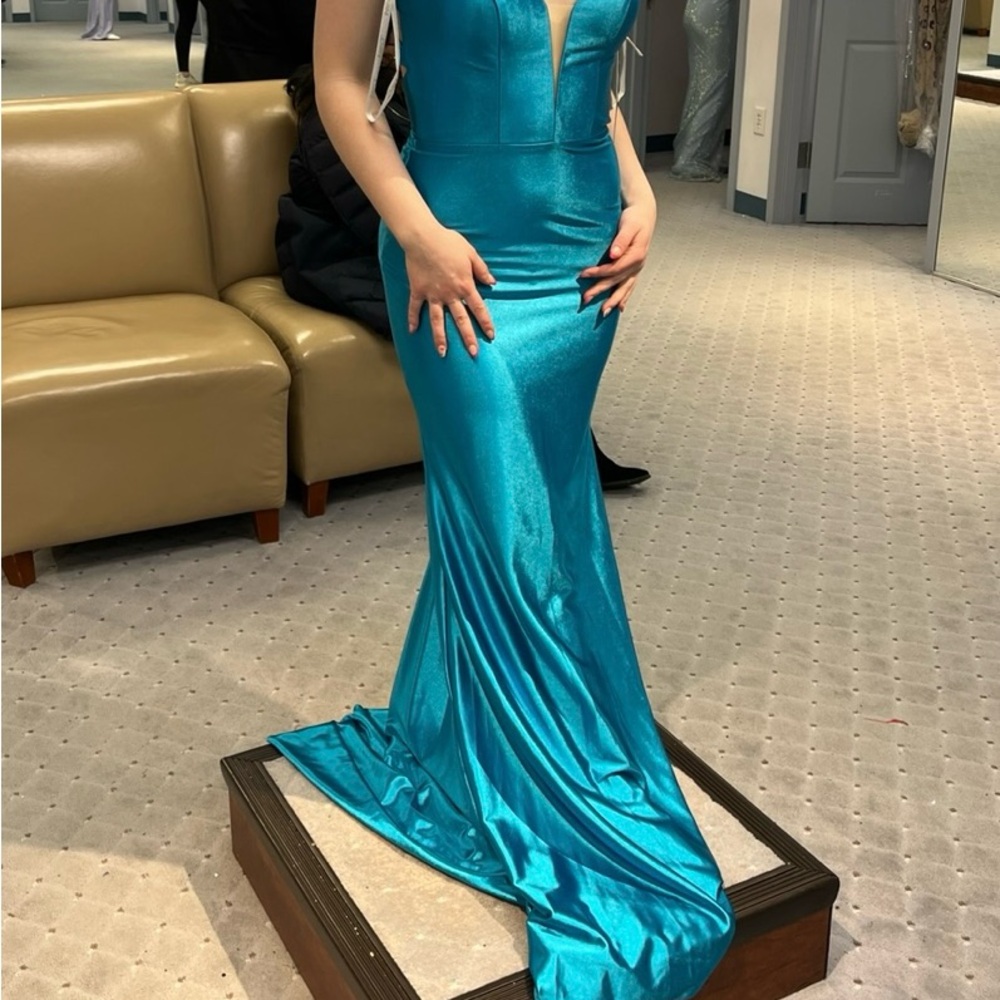 JVN by Jovani Teal Satin Plunging Neck Mermaid Gown